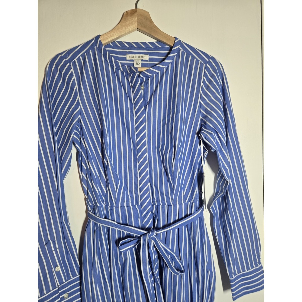 Free Assembly Sz Xs 0/2 Long Slv Pleated Blue White Midi Shirt Dress Belted NWT - Picture 5 of 5